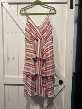 Striped V-Neck Tiered Midi Dress in Red, Orange & Cream